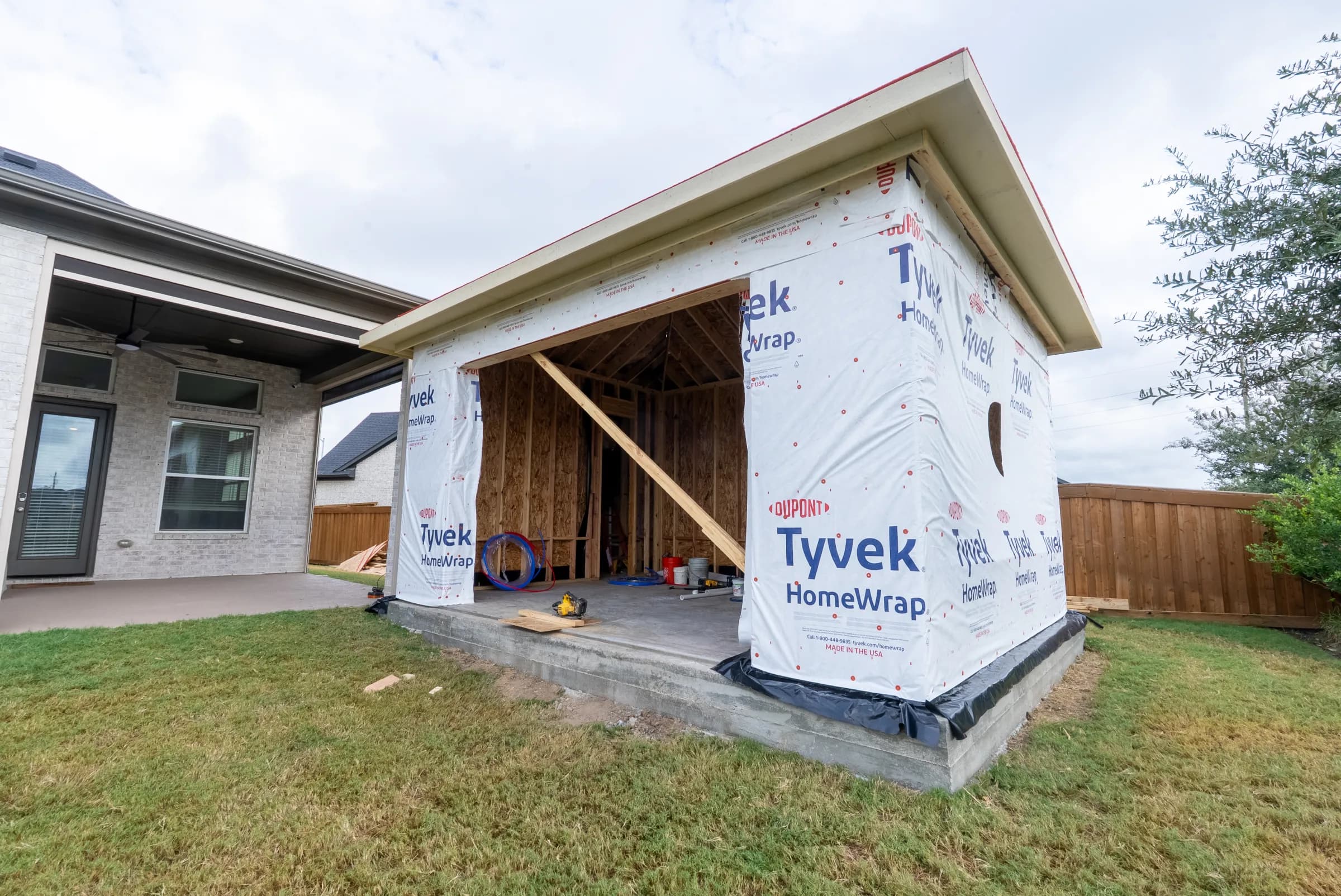 Front corner of the ADU with house wrap installed